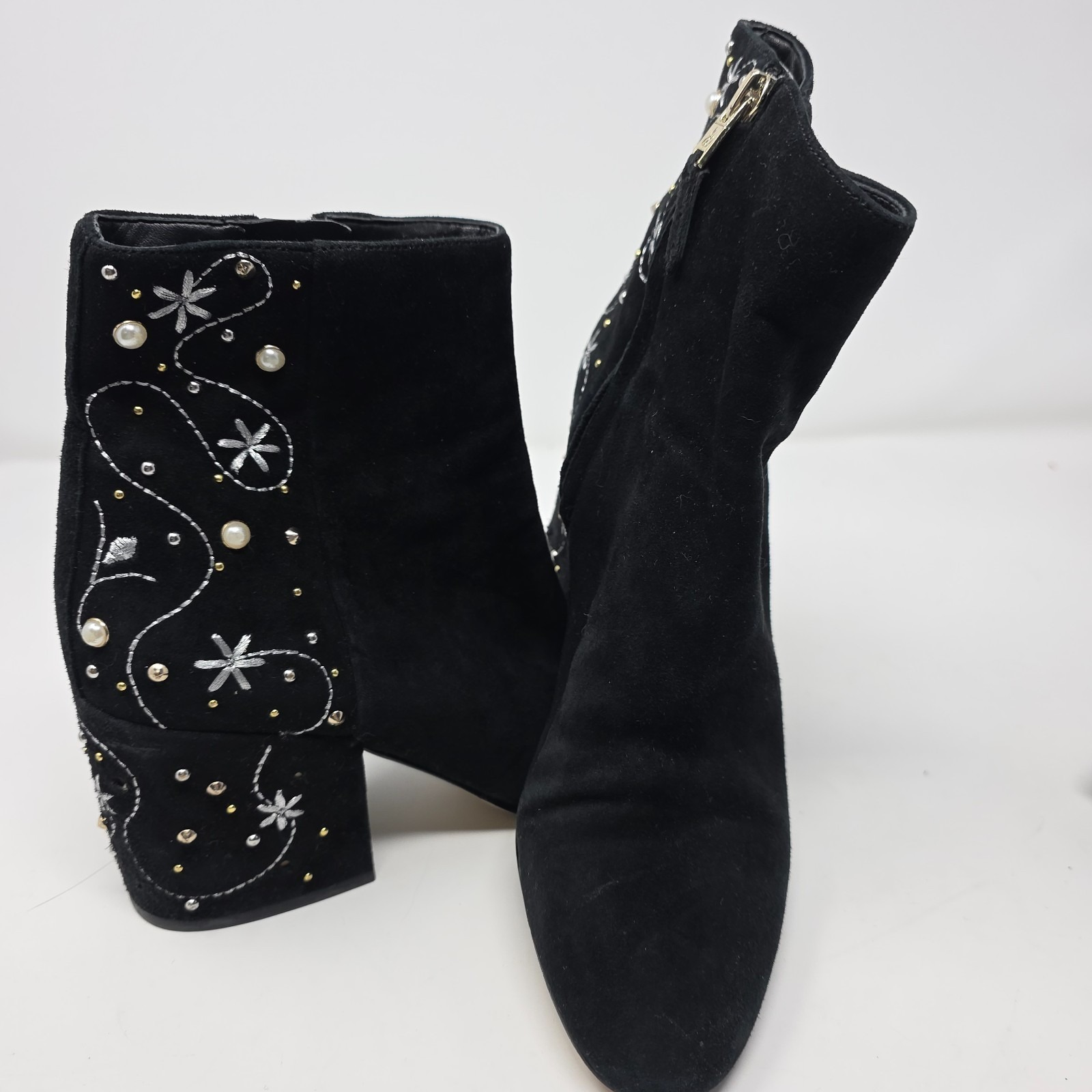 Sam Edelman Booties Womens 7.5m Black Taft Leather Embroidered Faux Pearl Studs